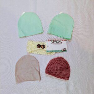 Bundle of Assorted Baby Hats and Crocheted Baby Headband